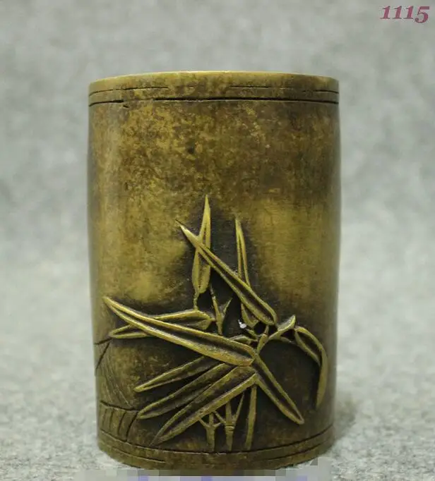 Народная китайская чистая бронза медная птица бамбуковая статуя щетка горшок