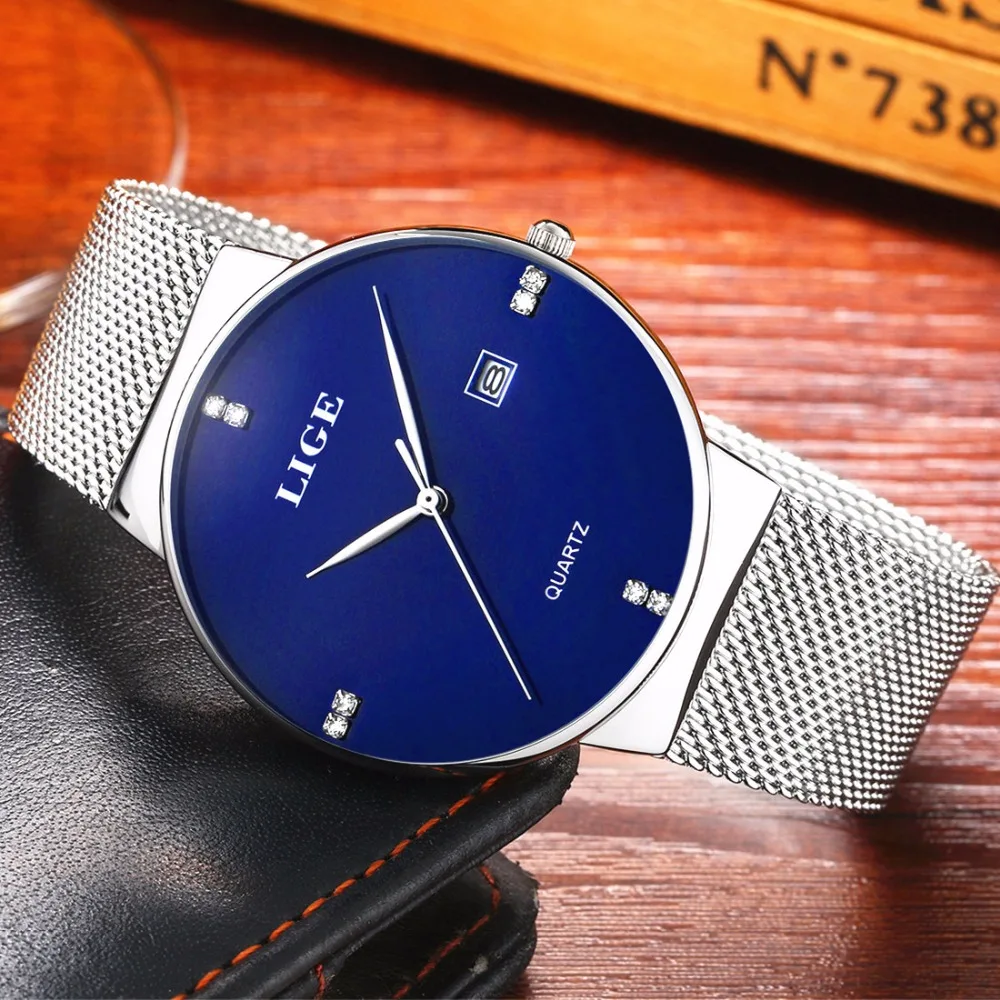 Часы наручные LIGE Мужские кварцевые ультратонкие брендовые простые со стальным