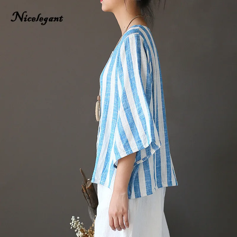 2019 New Women Shirts Vintage Comfortably Thin Half Sleeve O-Neck Cotton Linen Loose Original Casual Tops Female Striped |