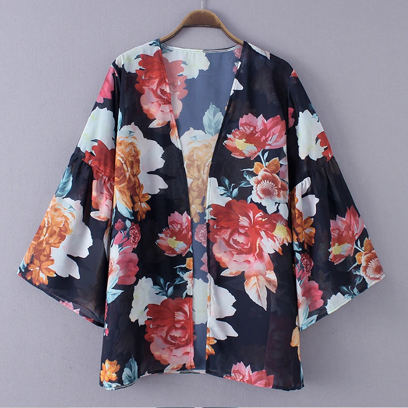 Черный Мода Boho повседневное шифоновое кимоно для женщин цветочный принт длинный рукав свободный кардиган, пальто летняя Солнцезащитная пляжная одежда - Цвет: Черный