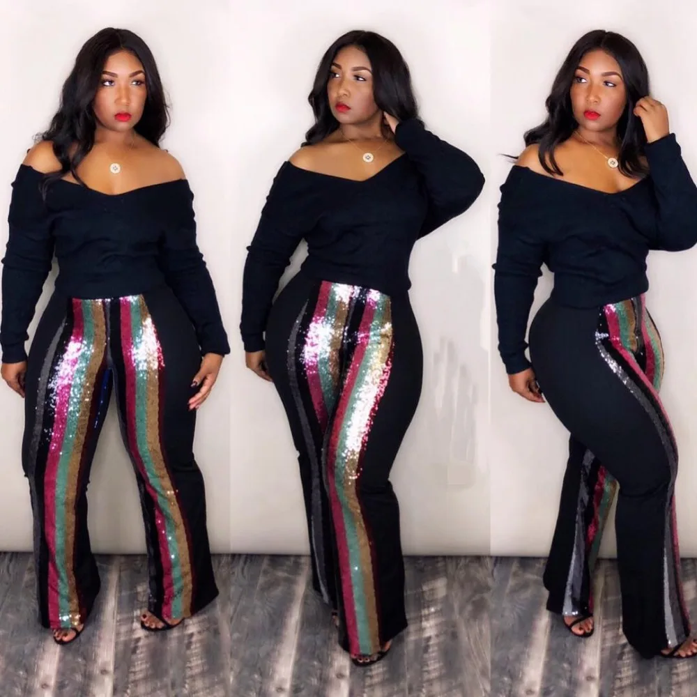 Женские брюки в полоску с блестками облегающие длинные высокой талией|Брюки| |