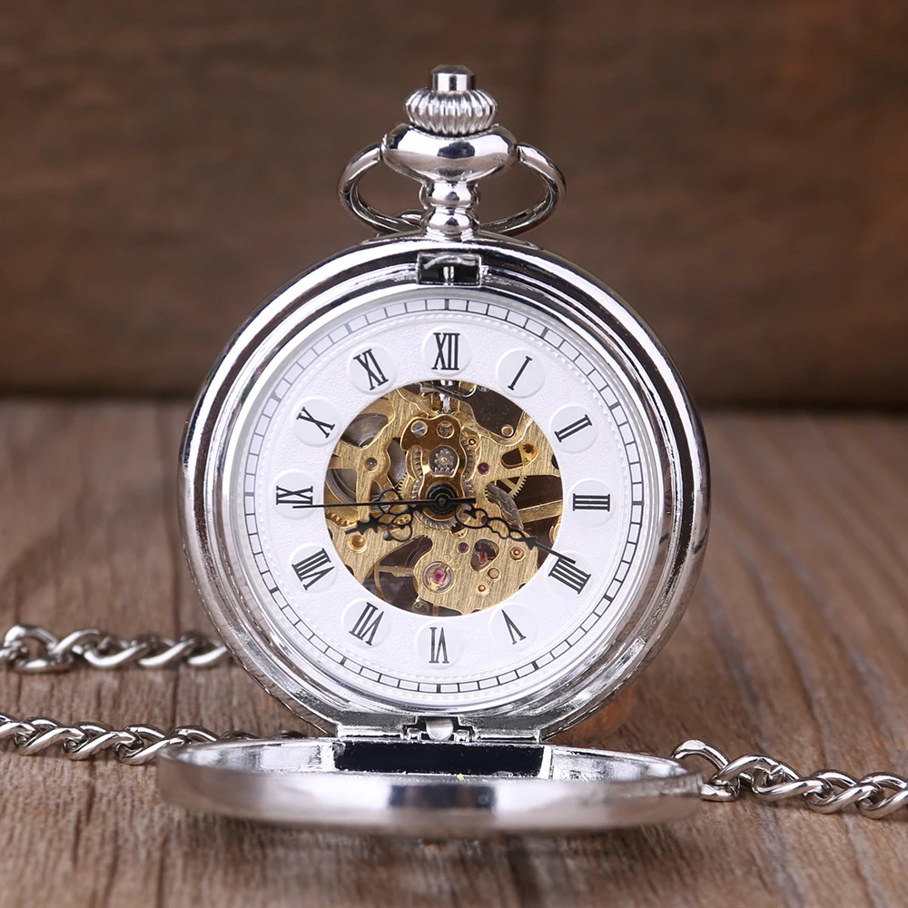 Silver Skull Disk Shape Manual Mechanical Pocket Watch Retro Gentleman Pendant Necklace Accessories Men's and Women's Gifts