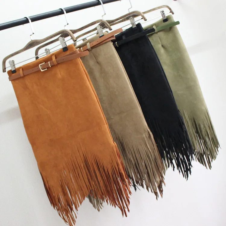 Зимняя женская юбка из искусственной кожи с бахромой сексуальная замшевая