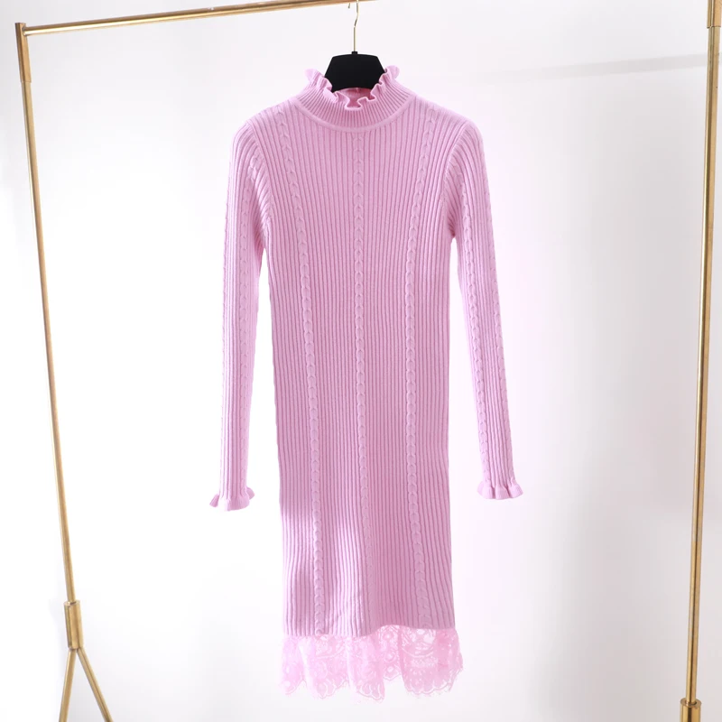 Женское трикотажное платье свитер средней длины с длинным рукавом|Женские