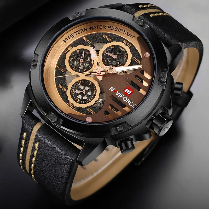 BlackGold NAVIFORCE Для мужчин модные креативные Кварцевые наручные часы Водонепроницаемый кожаный ремешок спортивные часы Повседневное часы мужской Relogio Masculino - Цвет: BlackGold