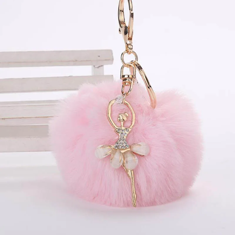 light pink Милый танцевальный брелок с изображением ангела, Подвеска для женщин, брелок для ключей, пушистые поддельные помпоны, брелки, подарки для сумок, аксессуары - Цвет: light pink