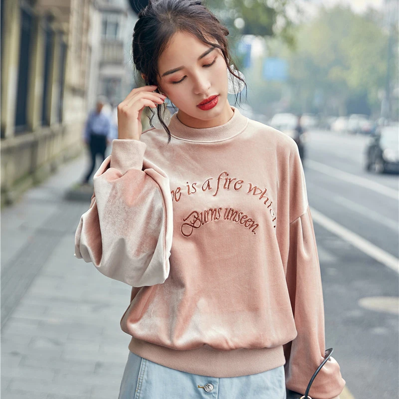 Винтаж велюр осень-зима Вышивка письмо Latern рукавом Толстовка Для женщин