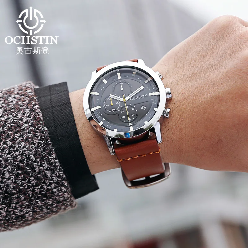 Часы хронограф мужские Кварцевые водонепроницаемые с кожаным ремешком|saat men|saat