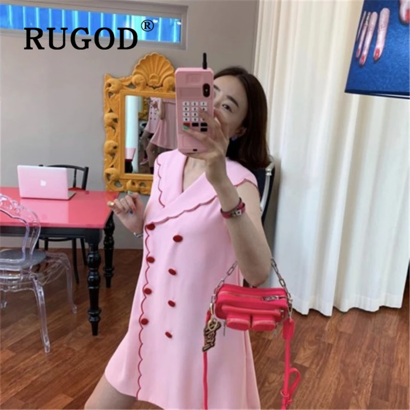 Платье мини RUGOD повседневное однотонное двубортное с воротником Питер Пен без