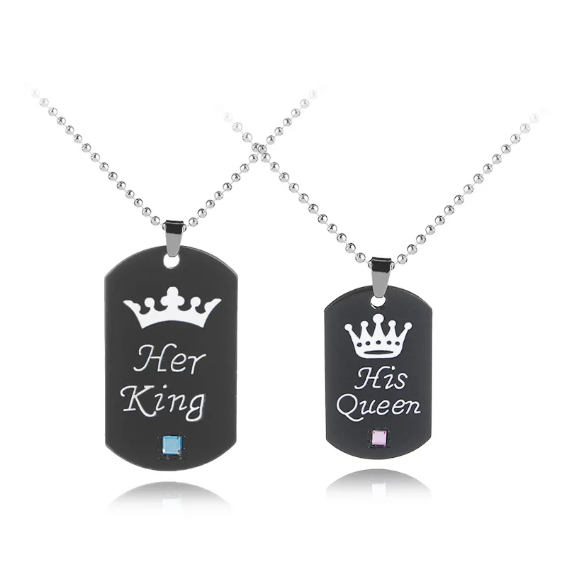 

2pcs/sets Her King His Queen Keychain Black Alloy Pendant Couple Lovers Forever Necklace Valentine's Day Gifts Jewelry trinket