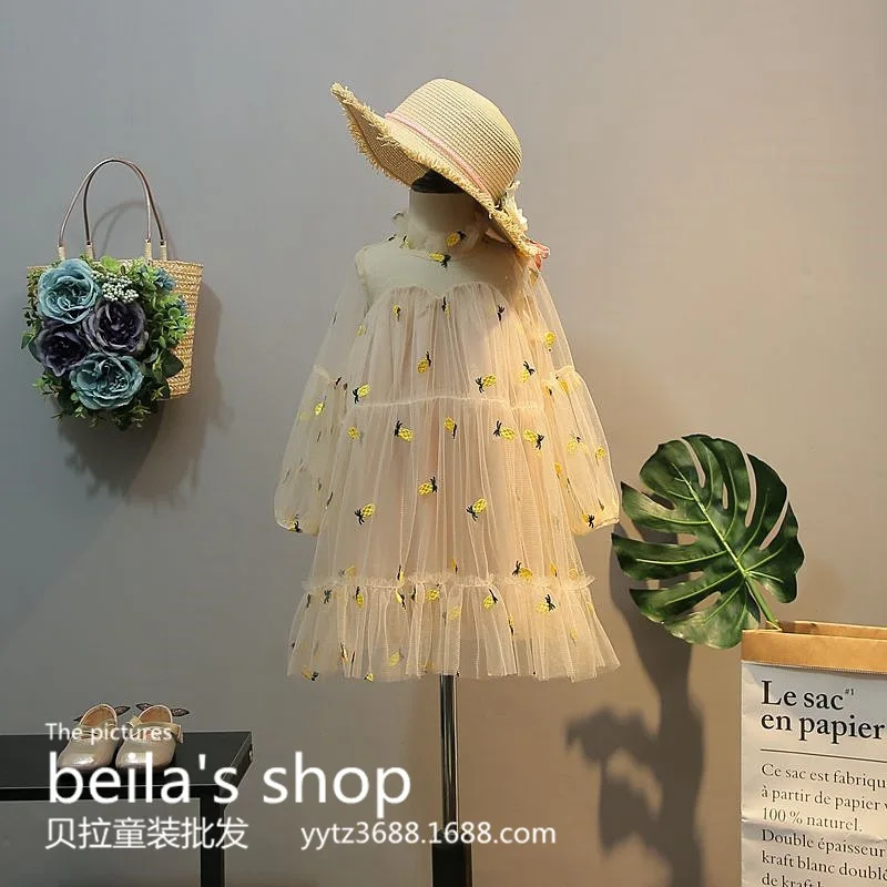 2018 весеннее новое платье для девочек с вышивкой ананаса Сетчатое трикотажное