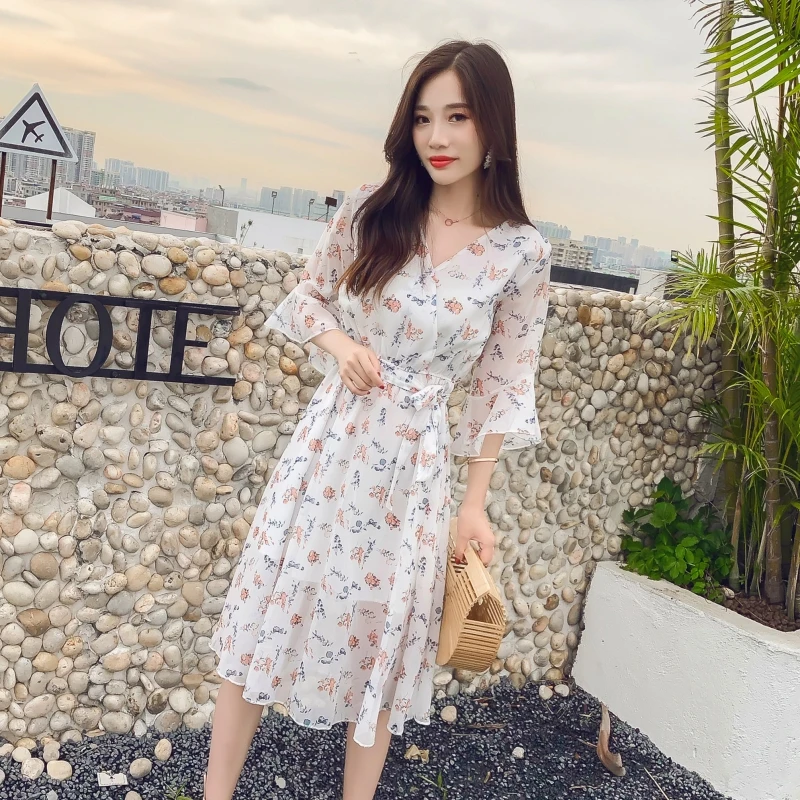 2019 Summer Fashion Women's Clothing Flare Three-quarter Sleeves V-neck Dress Sashes Flowers Printing Plus Size Dresses Female | Женская
