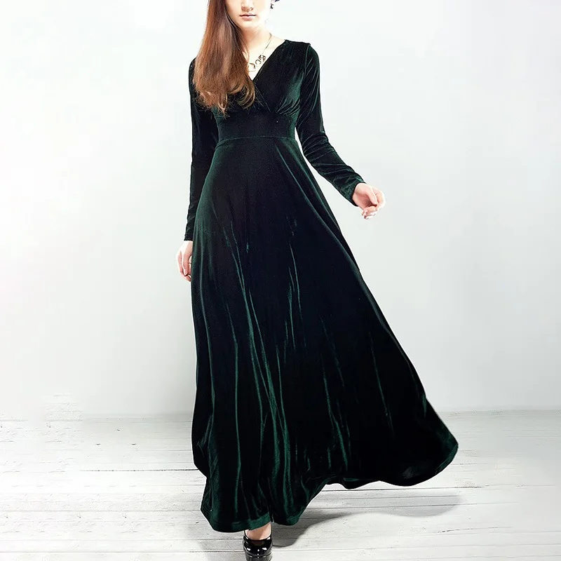 2019 Новое Женское осенне-зимнее Золотое бархатное Длинное Платье Макси женское