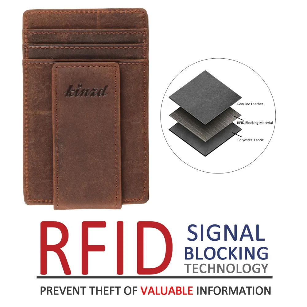Зажим для денег, передний карман кошелек, кожаный RFID Блокировка Сильный магнит тонкий бумажник с карты ID Дело