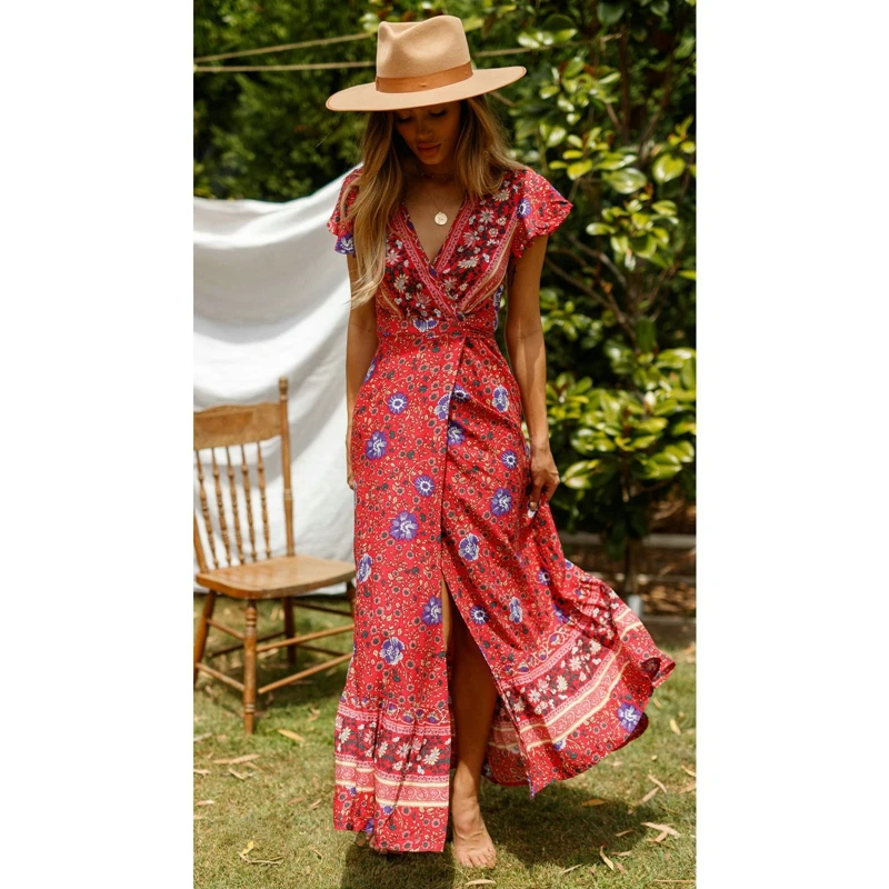 Летнее женское платье с цветочным принтом Boho длинное вечернее Бандажное пляжное