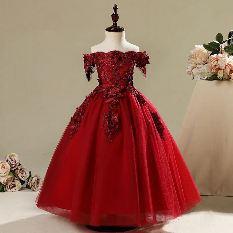 Beaded Appliqued Flower Girl Dresses Red Tulle Pageant Wedding Dresses For Girls First Communion Dresses Kids Prom Dresses