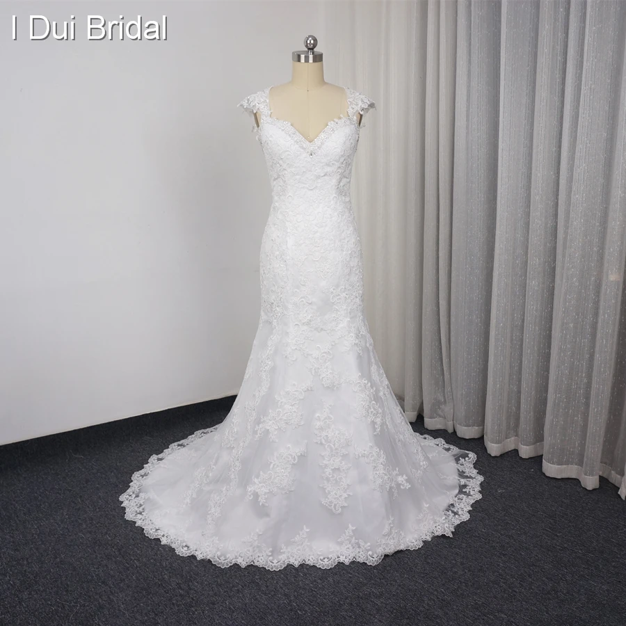 

See Through Back Mermaid Wedding Dresses Real Photo Cap Sleeve Factory Custom Made Lace Appliqued High Quality