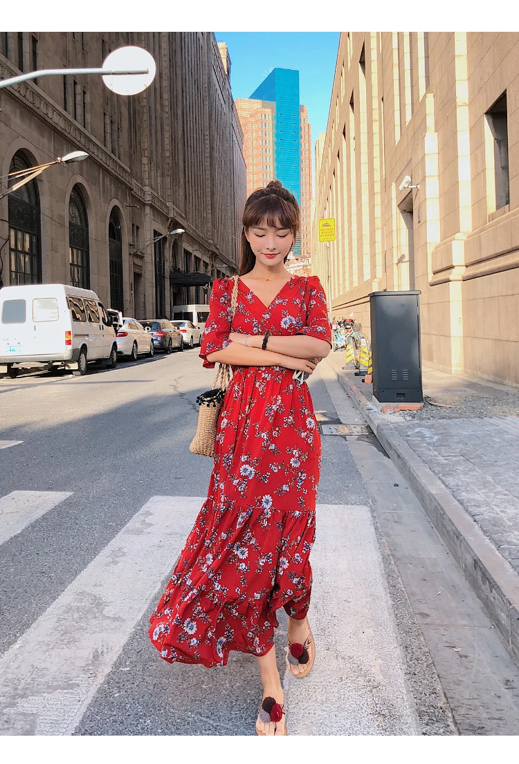 Летнее пляжное шифоновое платье с цветочным принтом и v-образным вырезом, длинное платье макси, белое черное элегантное винтажное платье с расклешенными рукавами