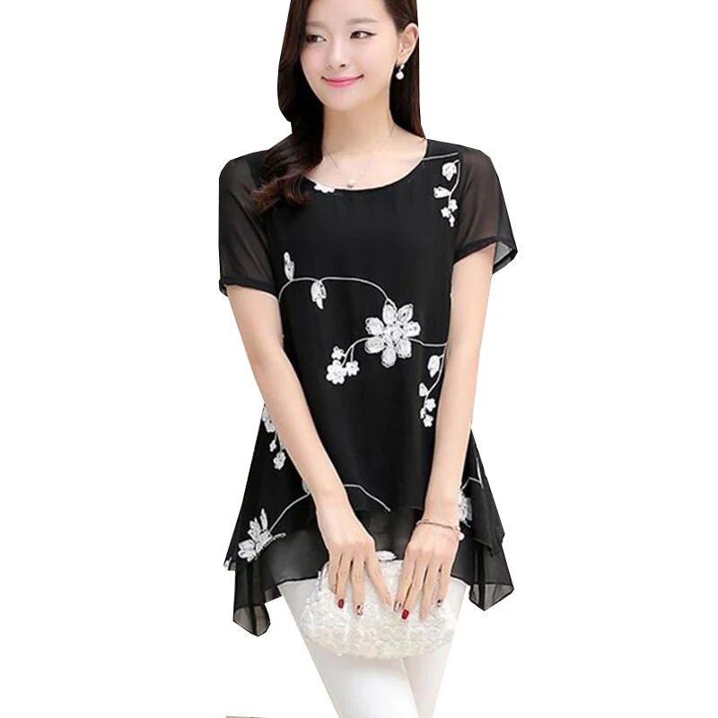 Новинка 2017 летняя шифоновая блузка с цветочной вышивкой рубашки женские