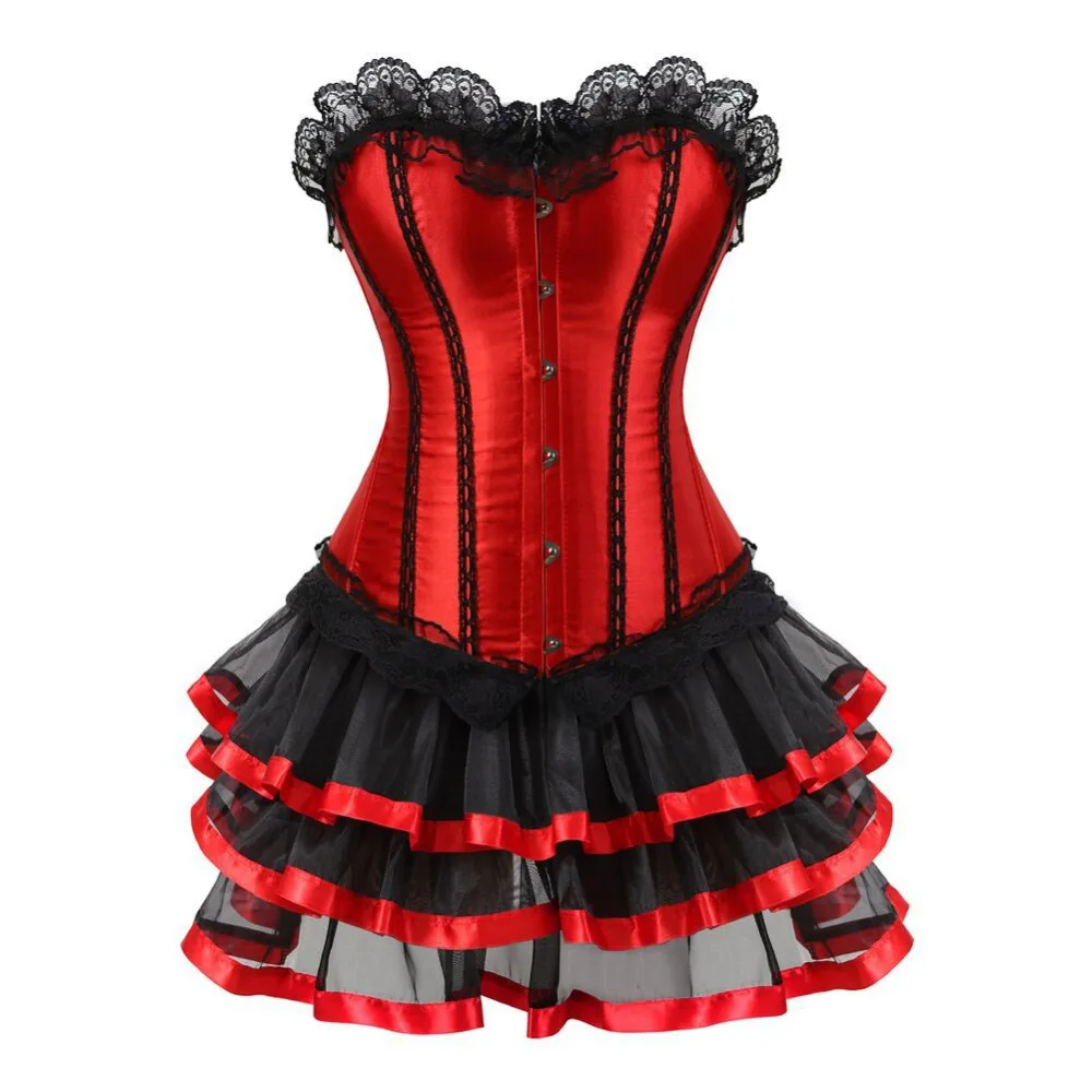 

Plus Size 6XL Sexy Burlesque Corsets Dress Vintage Red Striped Lace Bustier Overbust Corset Top With Skirt Corsets And Bustiers