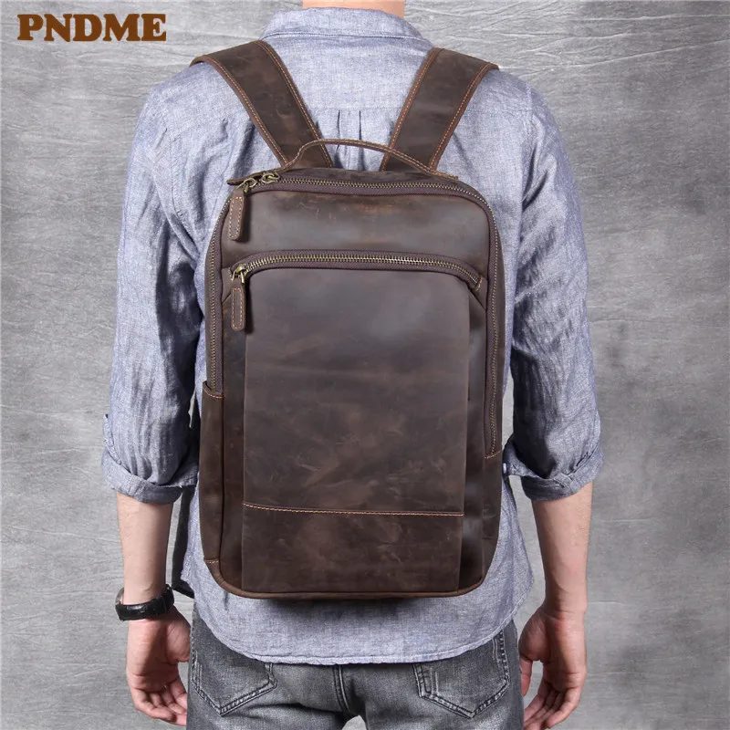 PNDME vintage simple crazy horse cowhide genuine leather men's women's backpack large capacity laptop bagpack travel bookbags