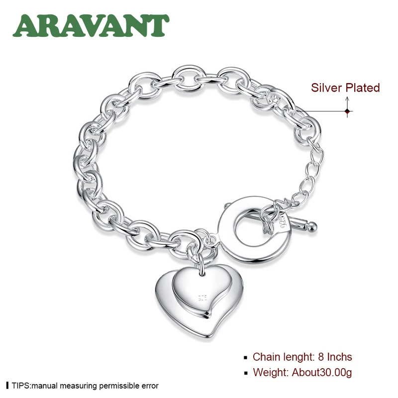 

925 Silver Women Double Heart Bracelets Fashion Jewelry Accessories