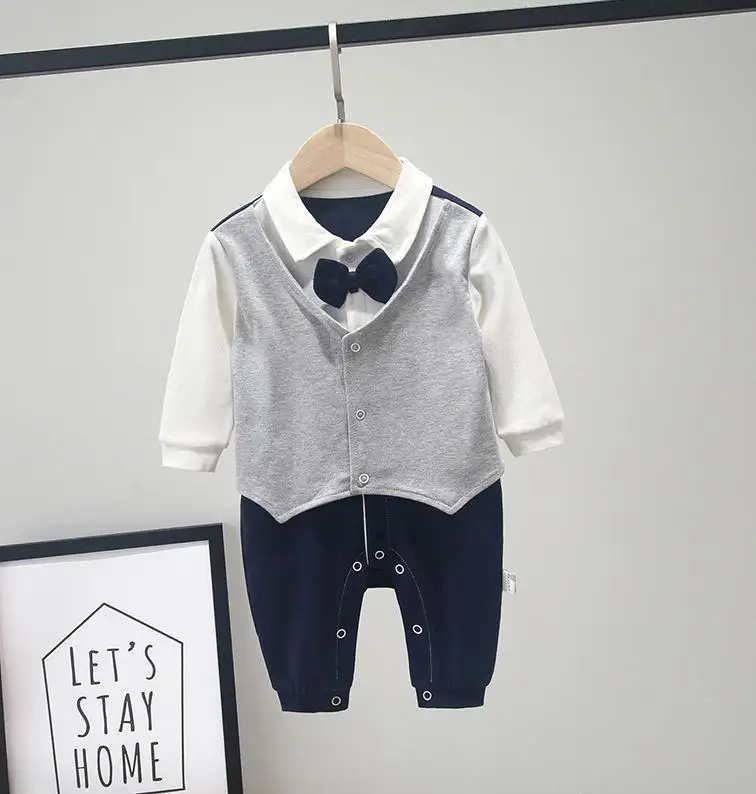 blue newborn baby boy clothes sping and autumn Gentleman style baby romper long sleeve cotton rompers kids infants costume - Цвет: blue