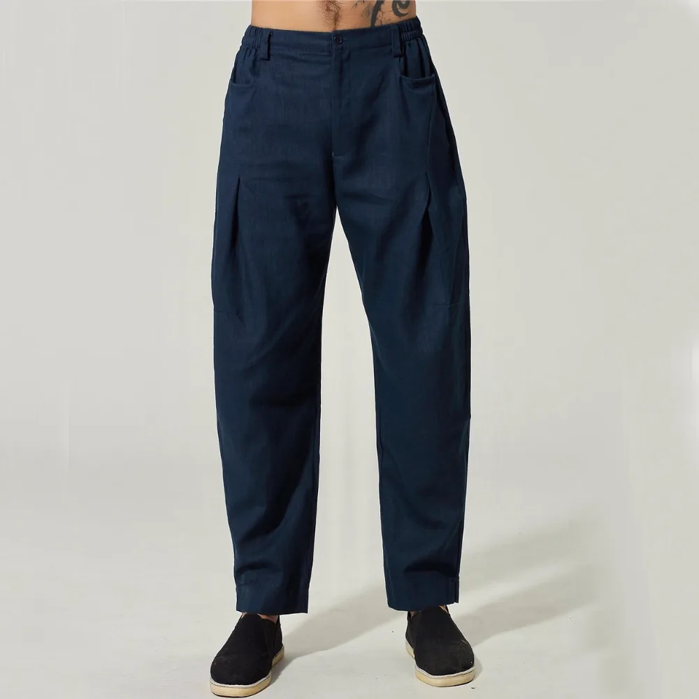 2021 New High Quality Black Men's Kung Fu Pant Straight Cotton Linen Trousers Casual Mid Waist Pants Size M L XL XXL XXXL MQ009 | Мужская