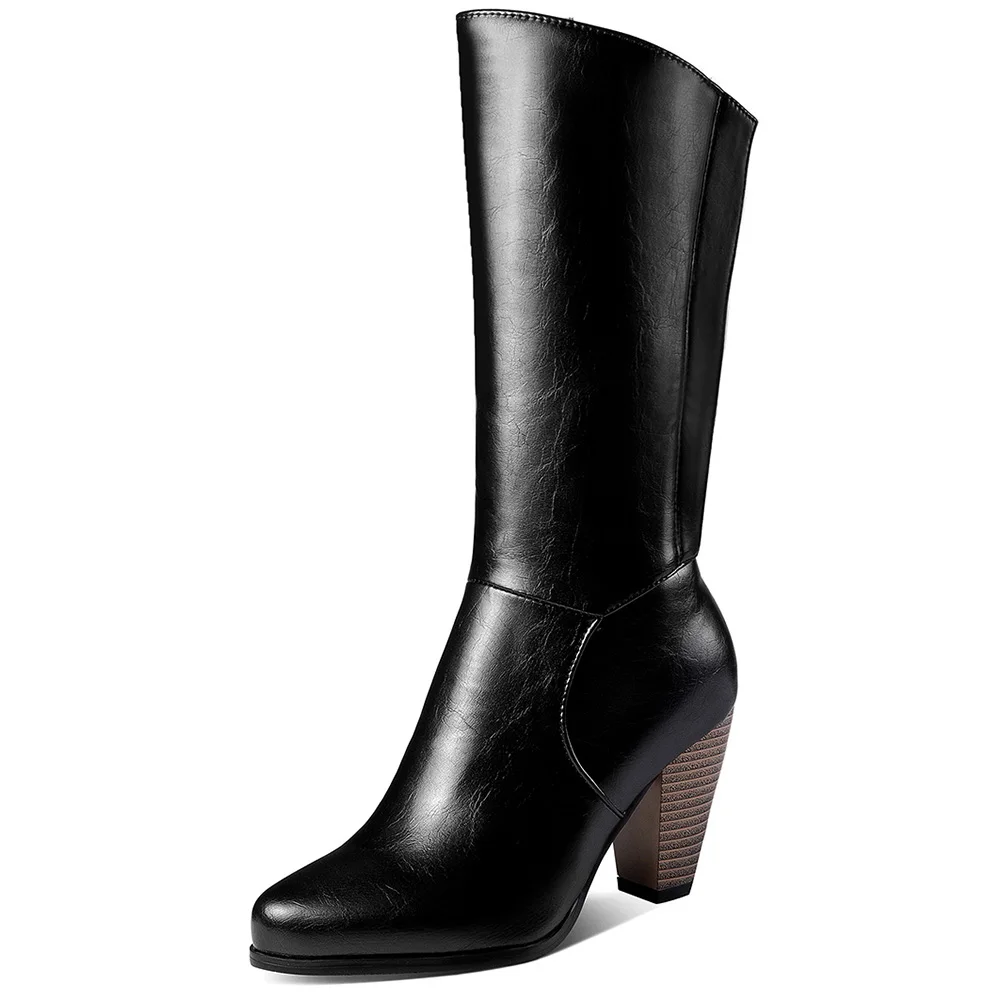 KARINLUNA Mid Calf Boots Woman Wholesale Concise Round Toe Zip High Heels Shoes Autumn Winter Boots Woman Plus Size 34-52 - Цвет: Черный