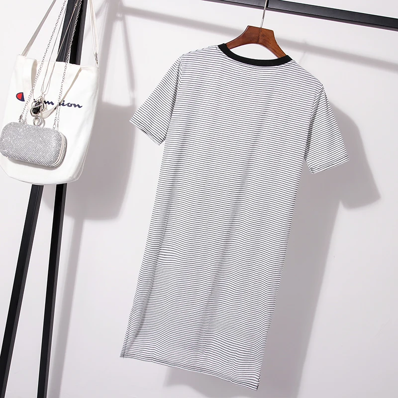Женский комплект из 2 предметов футболка в полоску и длинные сетчатые джинсы большого размера M 4XL лето