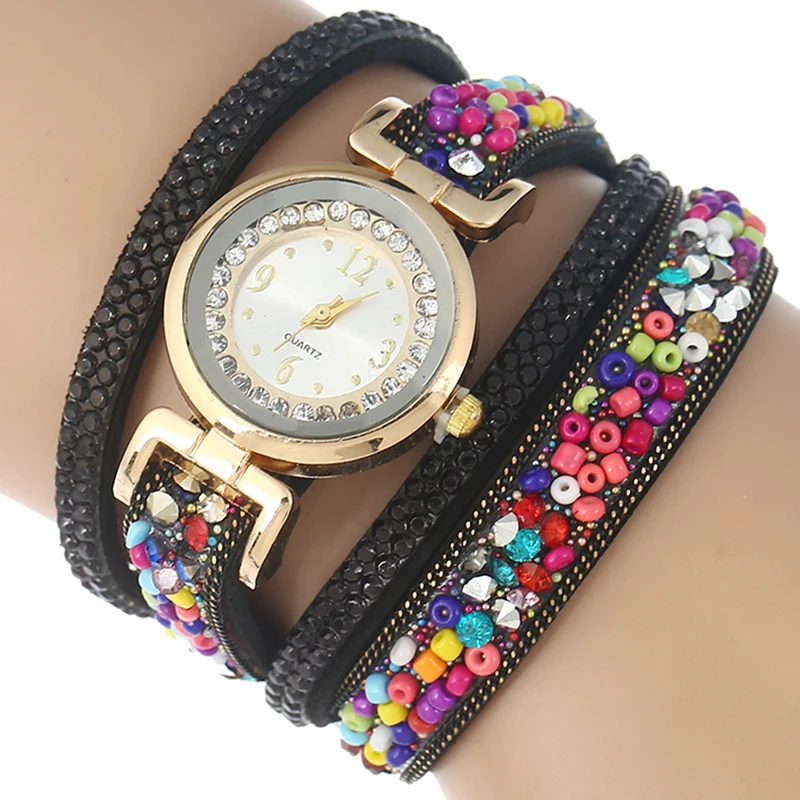

Gnova Platinum Strap Bracelet Watch Crystal Chaquira Beads Golden Ethnic Women Wristwatch Fashion Quartz Clock para femme A873