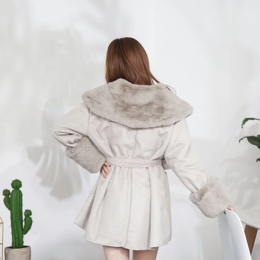 Women Suede Faux Hair Parkas Female Autumn Winter Thicken Oversized Velvet Outwear Womens Fur Collar Jacket Coat Ds50241