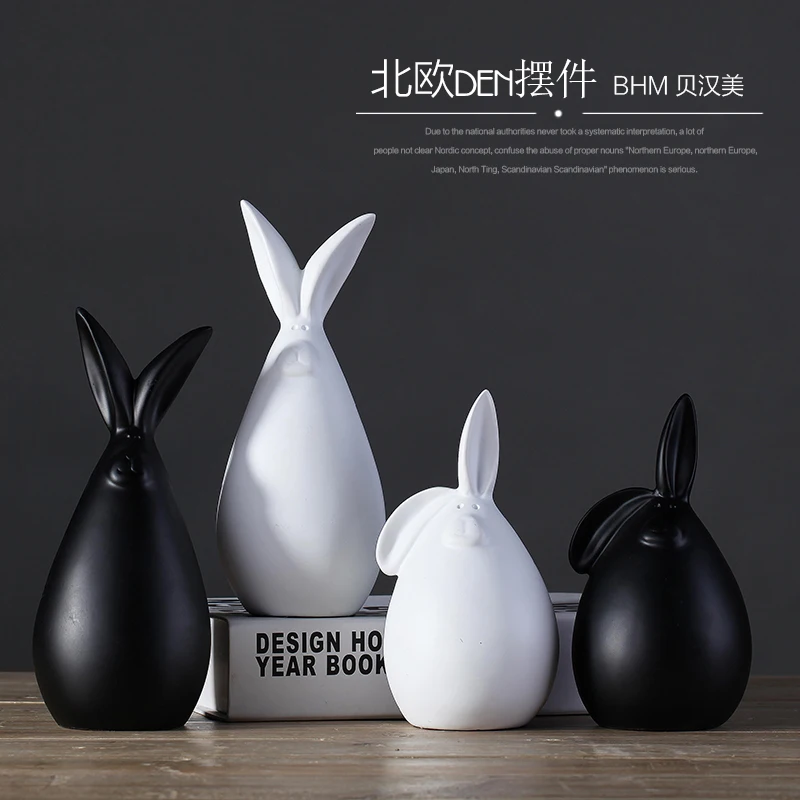

ceramic black white rabbit home decor craft room decoration Bunnie handicraft ornament porcelain animal figurine decoration