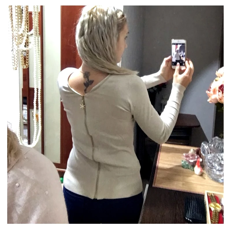 Женский трикотажный кашемировый свитер облегающий с длинным рукавом на молнии