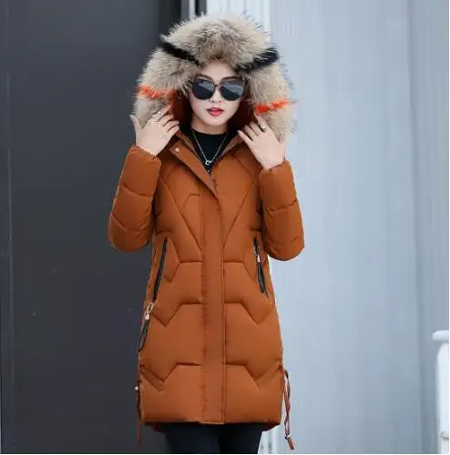Yellow brown Зимние женские пальто, новая зимняя куртка, женские парки, пальто, Модный женский пуховик с капюшоном, пальто с воротником из искусственного меха енота - Цвет: Yellow brown
