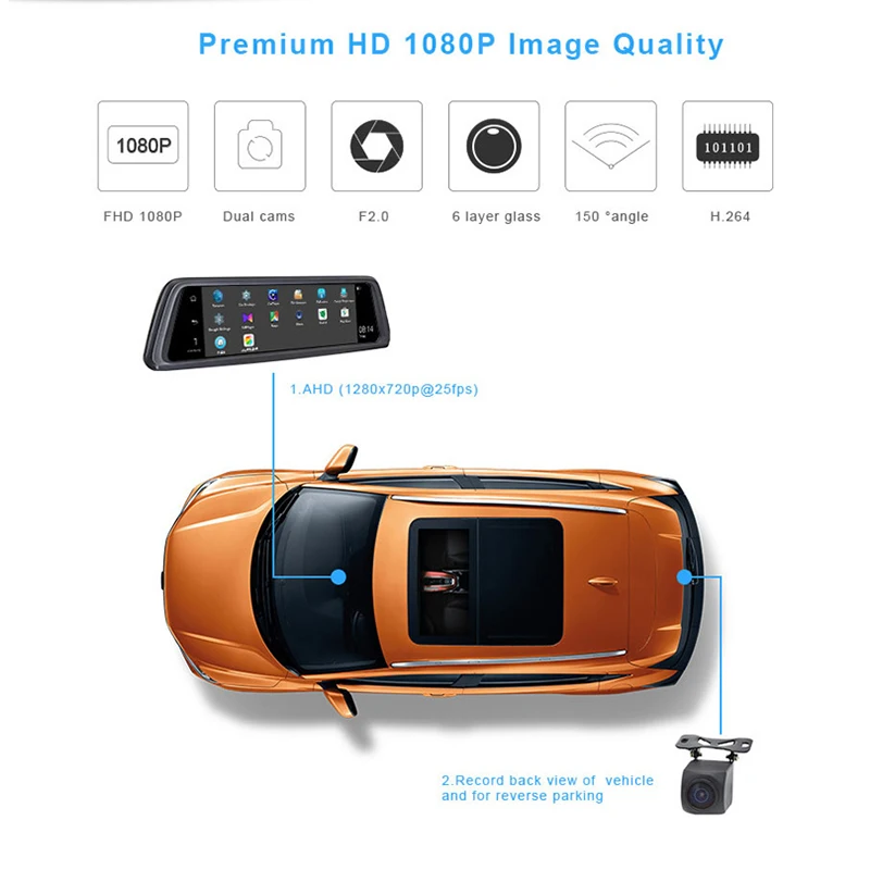 Автомобильный видеорегистратор 4G Car DVR с экраном 10" на Android с функцией стриминга, GPS, Bluetooth, WIFI, ADAS, камерой заднего вида и специальным креплением на зеркало заднего вида.