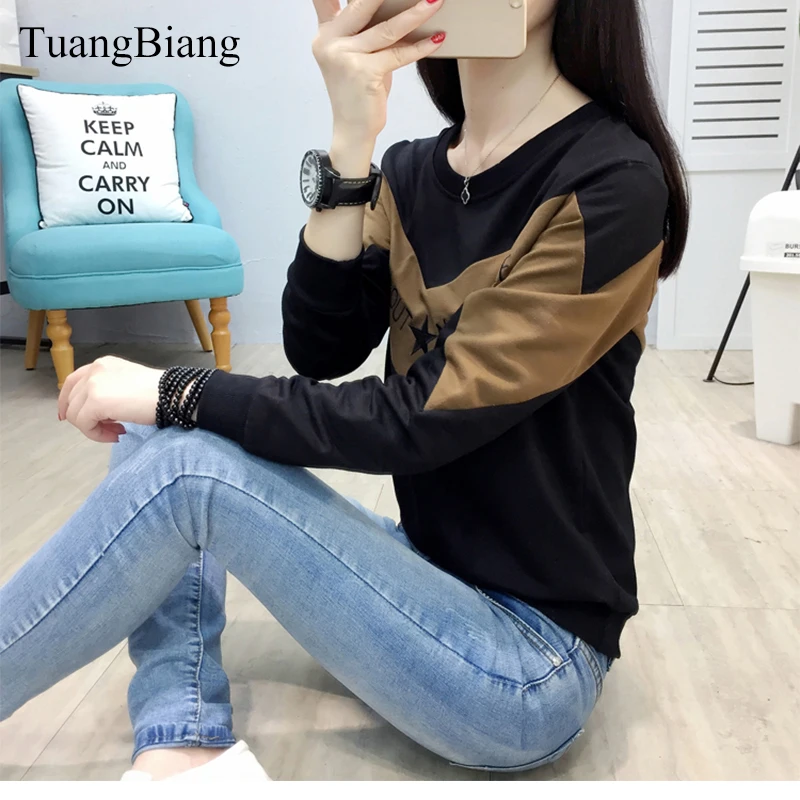 TuangBiang осень 2018 г. О образным вырезом письмо кофе футболки женские с длинным