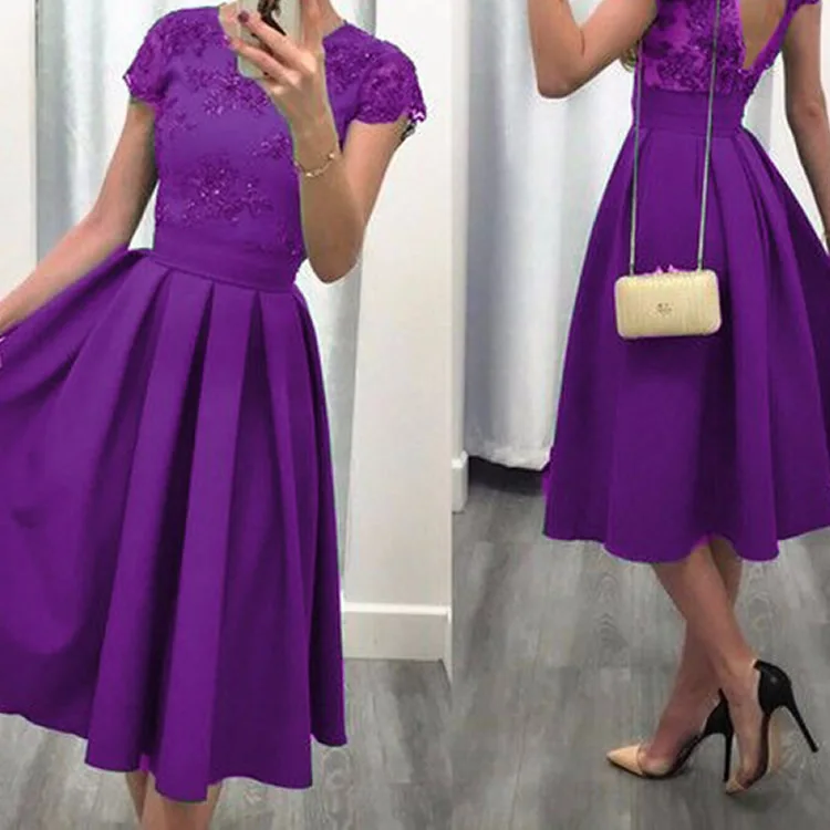 purple Элегантные кружевные вечерние платья с вышивкой, модное плиссированное платье с круглым вырезом и коротким рукавом, однотонное сексуальное Клубное платье с высокой талией и открытой спиной зеленого цвета - Цвет: purple