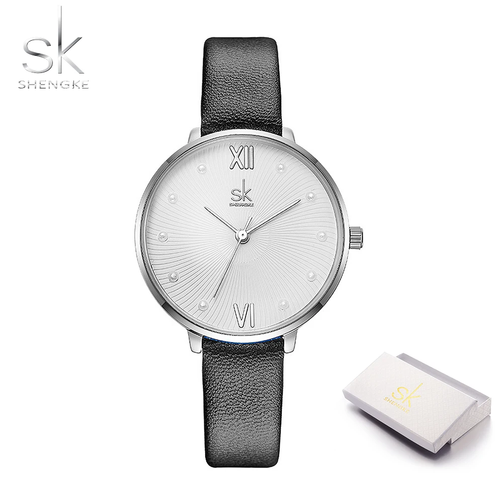 black with box Shengke, повседневные, с жемчужным циферблатом, кварцевые женские часы, белая кожа, женские часы, Reloj Mujer,, женские, подарок на день, часы Zegarek Damski - Цвет: black with box