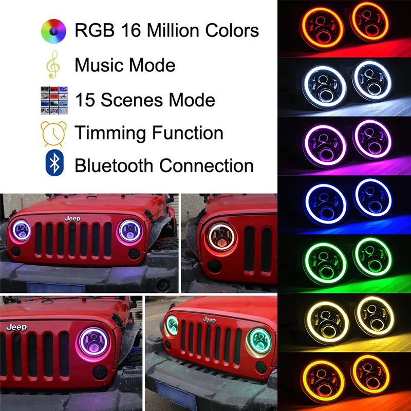 7 ''светодиодный фары лампы RGB Halo Ангел глаз с Bluetooth пульт дистанционного