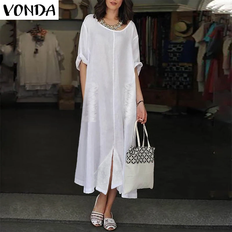 Осень, женское платье VONDA, сексуальное, белое, длинное, макси, платья для вечеринок, винтажное, с круглым вырезом, с коротким рукавом, кружевное, лоскутное, с разрезом, Vestidos - Цвет: Белый