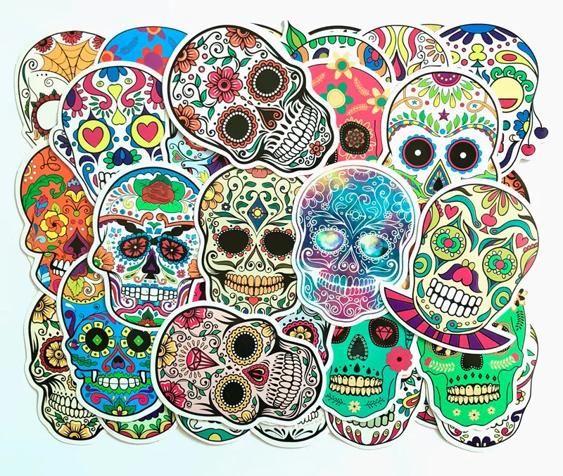 Paquete de 50 unidades de pegatinas de esqueleto colorido, calcoman&iacute;as de calavera fantasma, &aacute;lbumes de recortes para bricolaje, para motocicleta, port&aacute;til, Skateboard, equipaje-2