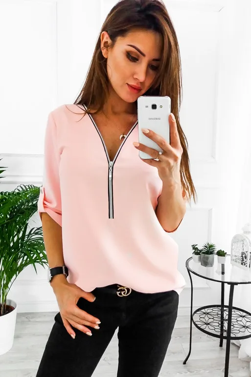 Женская шифоновая блузка с V образным вырезом на молнии|Рубашки| |