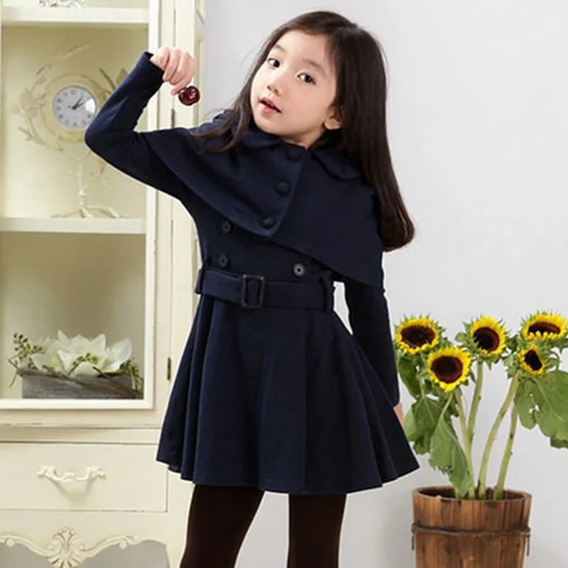 Girls Princess Dress with Cloak Spring Autumn Long Sleeve Kids Dresses for Solid Sashes A-line Teens Children Clothing | Детская одежда
