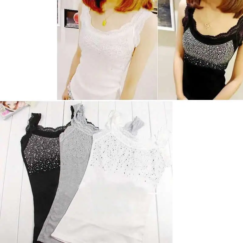 Женская майка без рукавов KLV черная белая Серая с кружевом и стразами Облегающая |