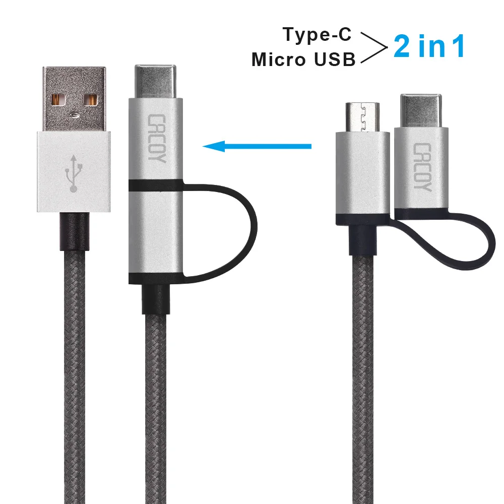Cacoy [2 в 1] 2M Type C и Micro USB Разъемы Кабель нейлон для Samsung Galaxy Note9/8/S9/S8 Nexus 5X/6P LG G5/G6/V20