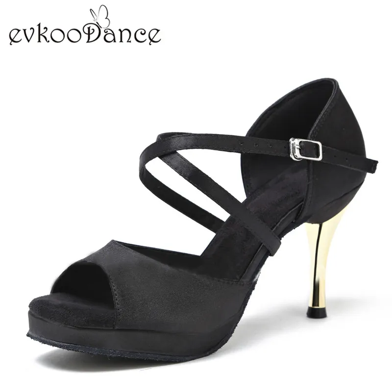 

Heel Height 8.5 cm Zapatos De Baile Black Satin Salsa Size US 4-12 Professional Latin Satin Dance Shoes Woman Sandal NL129