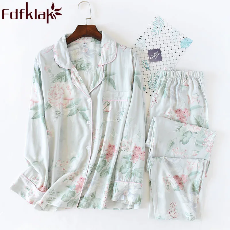 

New Long Sleeve Sleepwear Pyjama Femme Coton Night Suit For Women Pajamas Pyjama 2 Pieces Spring Autumn Home Clothes Fdfklak