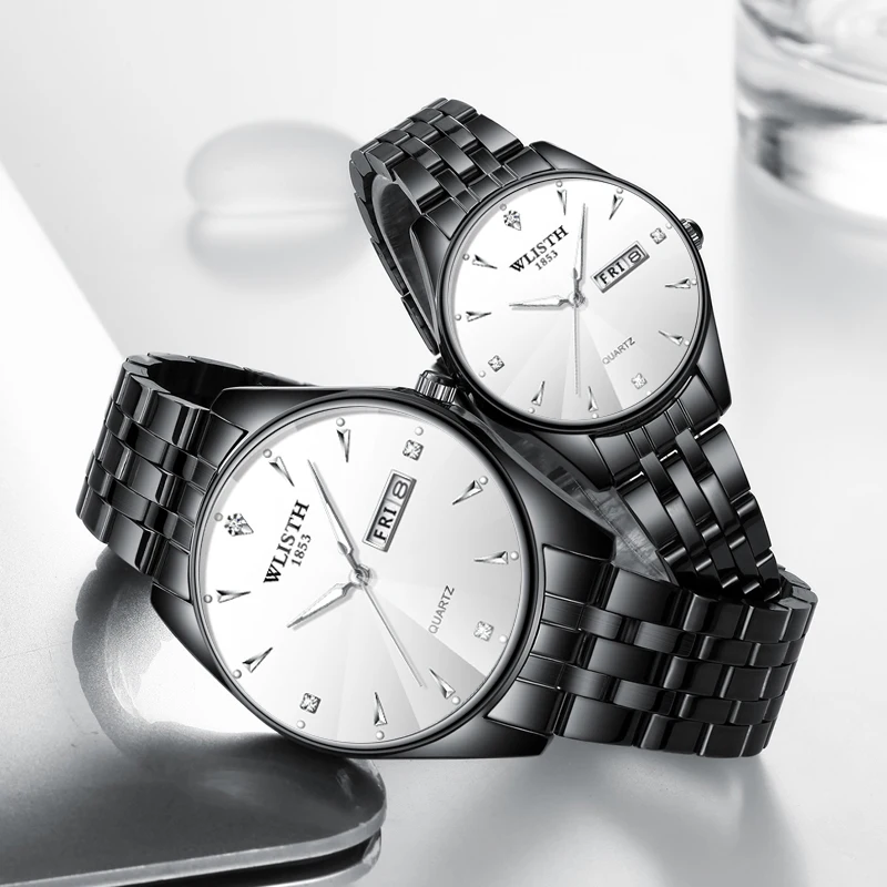 steel white Новые парные часы из нержавеющей стали Роскошные Мужские Женские кварцевые часы Автоматическая Дата Неделя светящиеся кожаные часы для влюбленных наручные часы коробка - Цвет: steel white