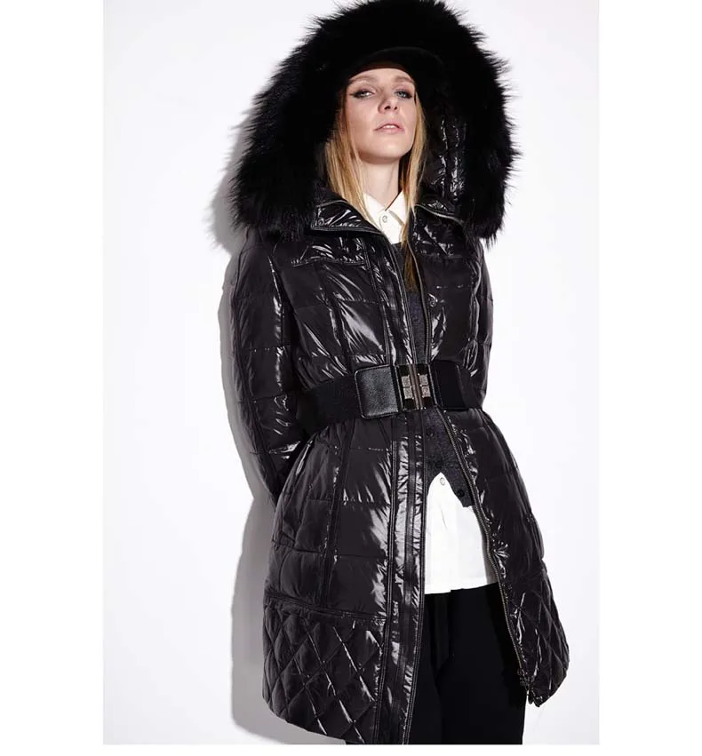 

Duck down coat for women winter fashion with large big raccoon fur hood hat medium-long puffer jacket for ladies female black